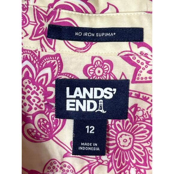 Lands End Button Up Tunic 12 Yellow Pink Floral No Iron Supima - Picture 7 of 12